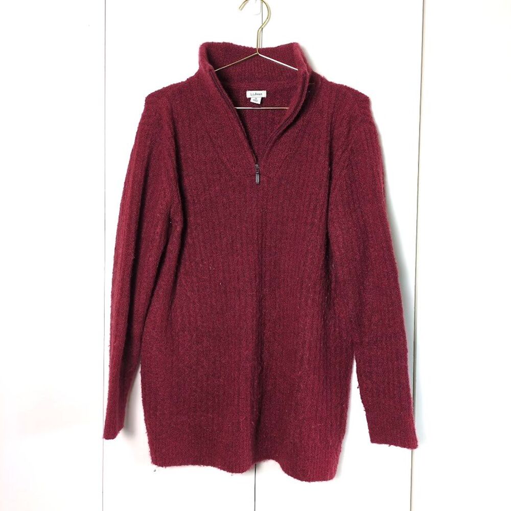 LL Bean Sweater Womens Medium Red Cozy Cloud Quarter Zip Pullover Outdoor Wool